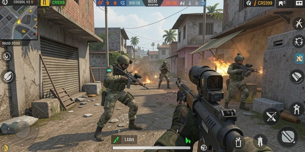 Tampilan gameplay CRS99 yang intens saat pertempuran berlangsung.