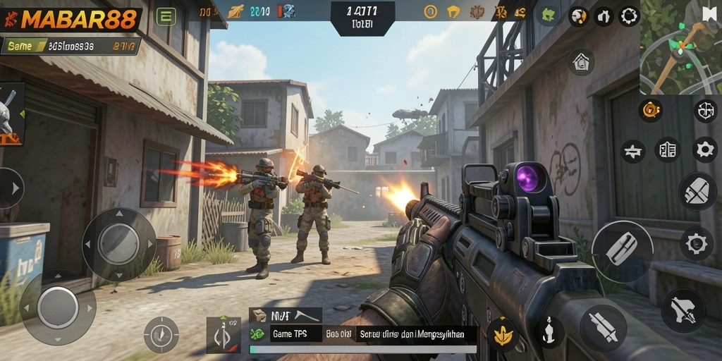 Tangkapan layar gameplay seru MABAR88 dengan aksi tembak-menembak.