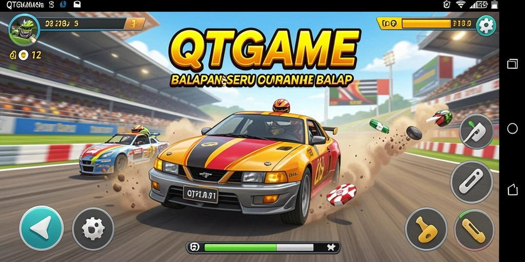 Tampilan seru gameplay QTGAME dengan balapan yang intens dan kendaraan yang menakjubkan.