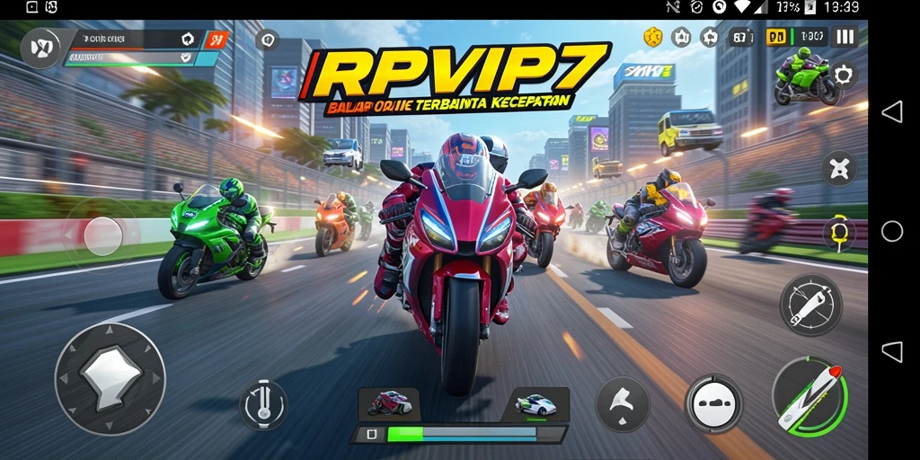 Screenshot utama RPVIP7 menunjukkan aksi balapan motor yang mendebarkan.
